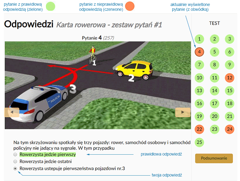ekran przeglądania pytań w rozwiązanym teście
