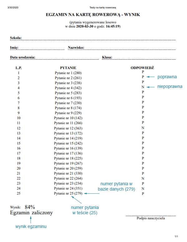 wydruk egzaminu